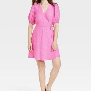 A New Day balloon sleeve mini faux wrap mini dress, polka dots, Large, NWOT